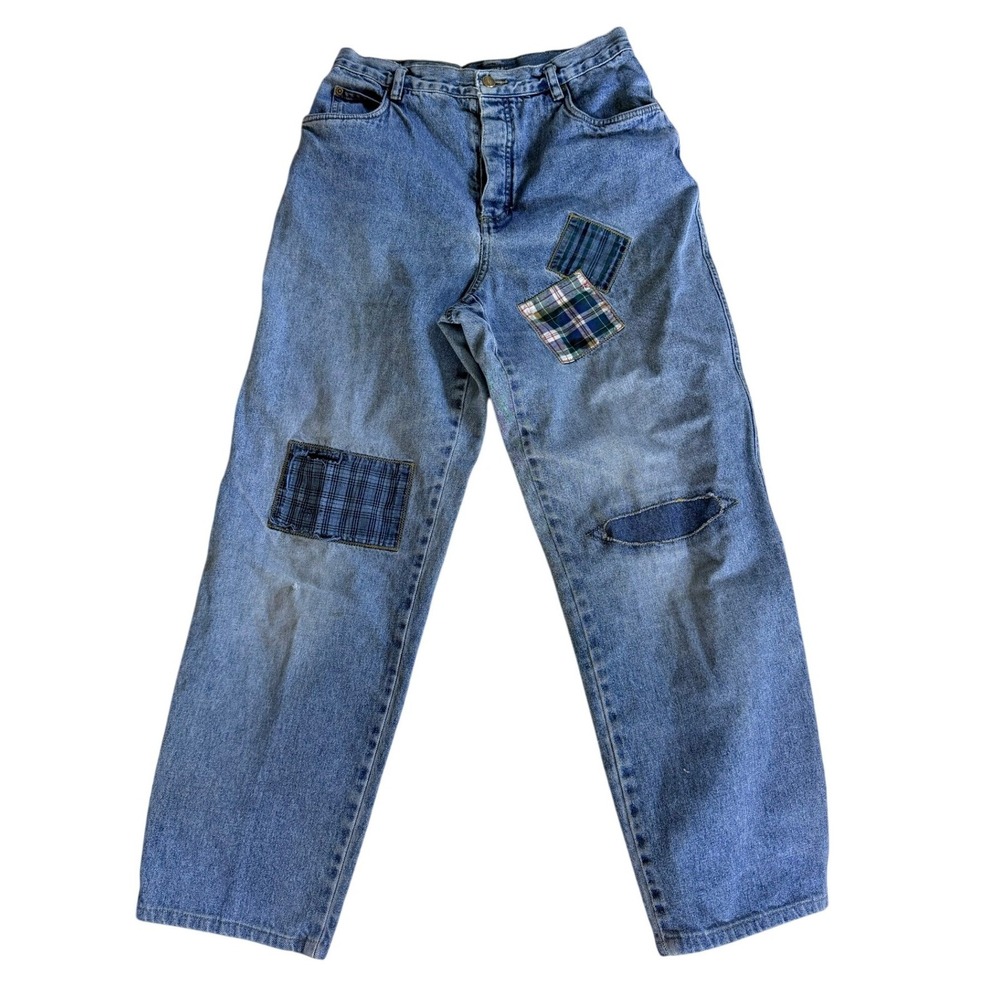 Lizwear Vintage 90s Patchwork Mom Jeans 12 Blue Cotton Plaid Distressed Boho